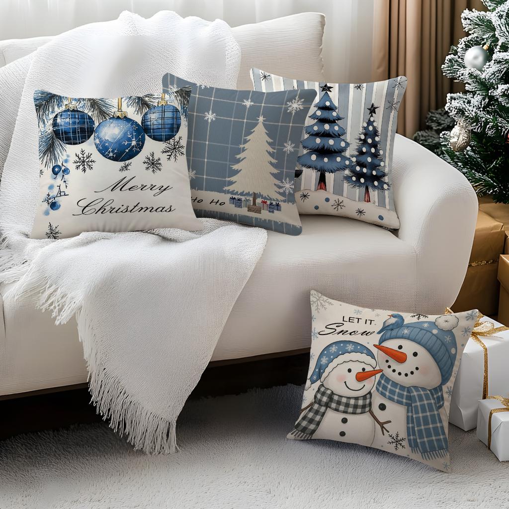 Blue Christmas Cushion Pillowcase Printed Polyester 45X45Cm Throw Pillowcover Decorative Sofa Cushion Pillowslip Home Decor