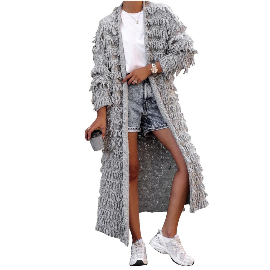 Женская мода свободный повседневный однотонный вязаный кардиган свитер куртка с бахромой