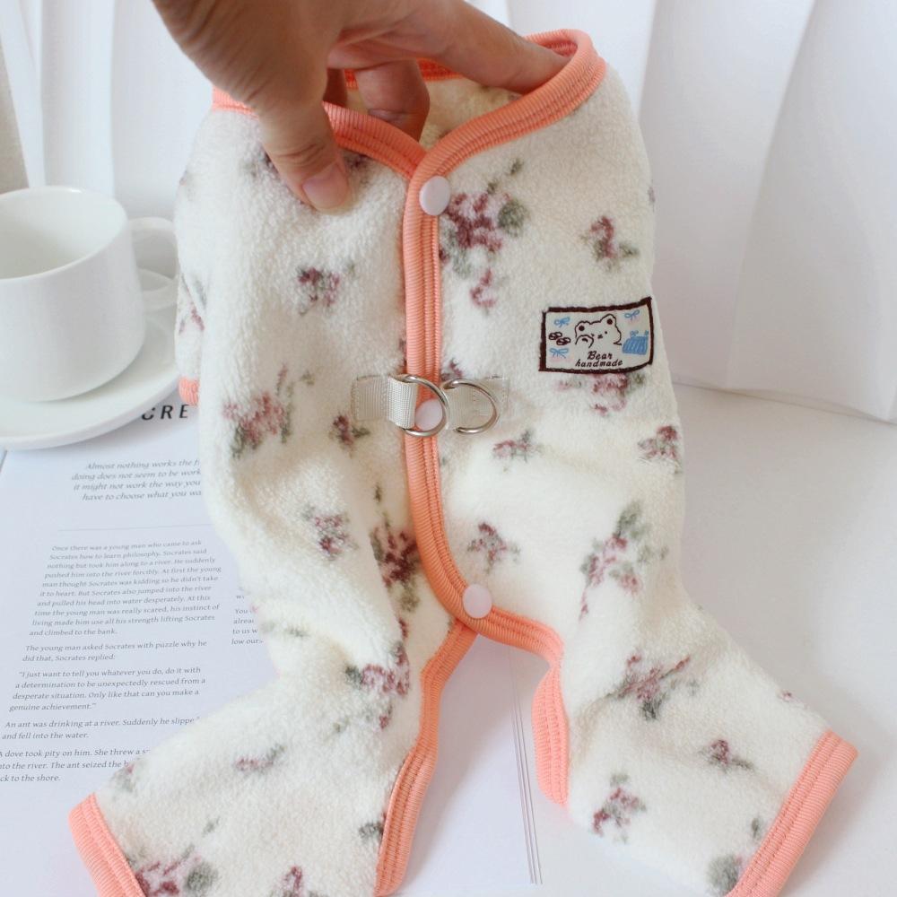 Pet clothes Dog autumn clothing Teddy cat fleece autumn and winter Korean floral traction four-leg back buckle