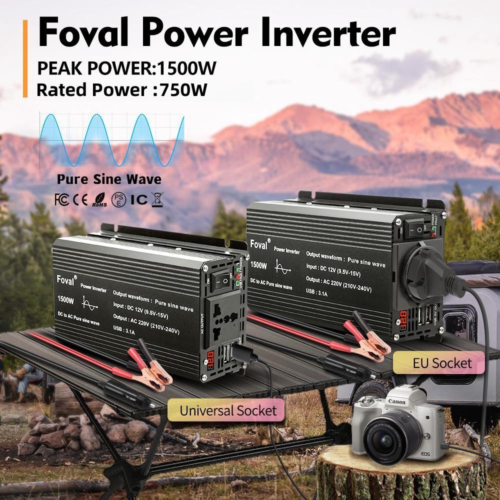 1500 Вт (вершина горы) 12 В до 230 В 750 Вт номинальный инвертор чистой синусоиды 2 x 5 В 2,4 А USB-порты для автономных солнечных систем для кемпинга и дома