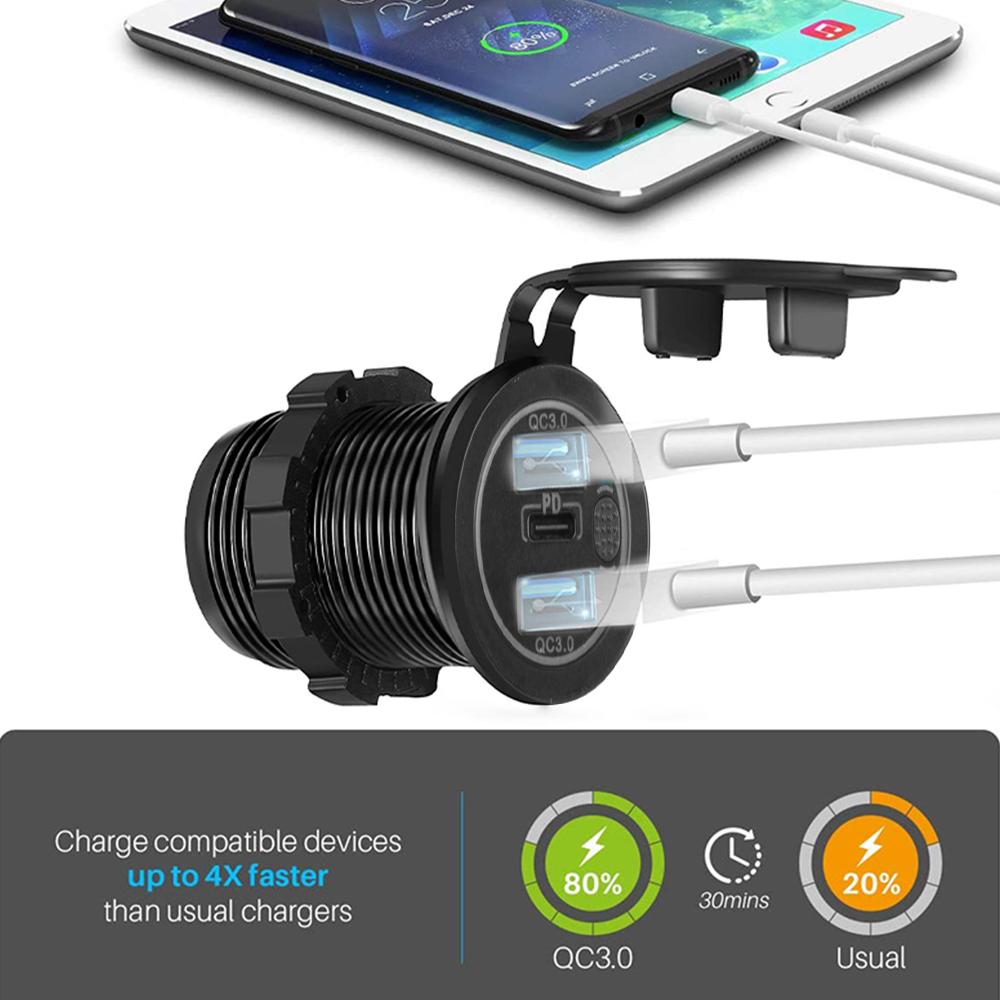 Автомобильное зарядное устройство с двумя портами USB C Pd для телефона Quick Qc3.0, автоматический адаптер для телефона 12 В/24 В с сенсорным переключателем для автомобиля мотоцикла