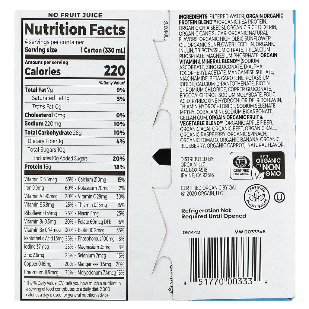 Orgain Organic Nutrition, Nutritional Shake, Vanilla Bean Flavor, 4 Packs, 11 Fl Oz (330 Ml) Each