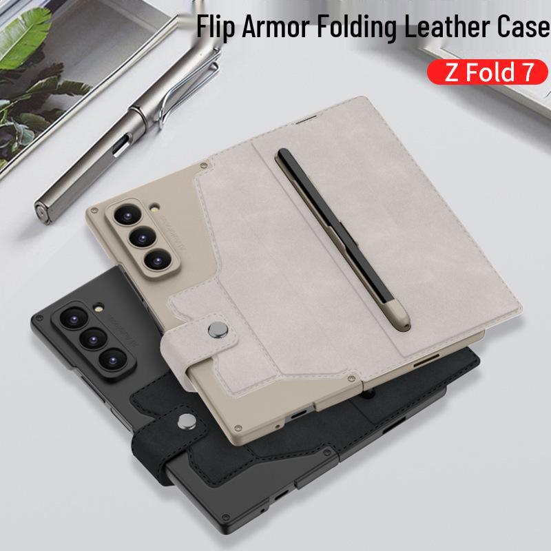 Бизнес-стиль Samsung Z Fold7 Armor чехол-книжка со слотом для ручки, держателем для карт и защитной пленкой для экрана.