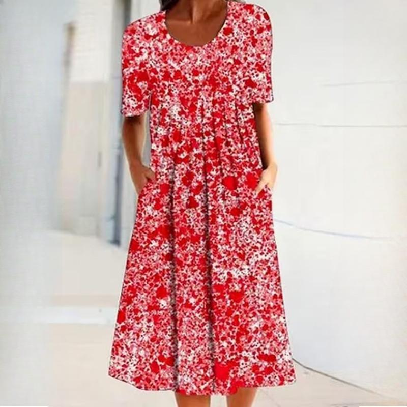 QICED Женская мода лето весна однотонный принт с коротким рукавом и круглым вырезом с высокой талией повседневные платья