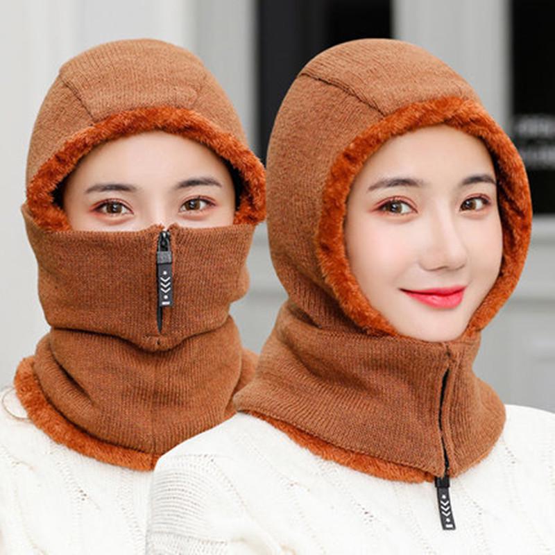 Hot Women Winter Knitted Hat New Add Fur Lined Warm Winter Hats For Women With Zipper Keep Face And Ear Warmer Cap