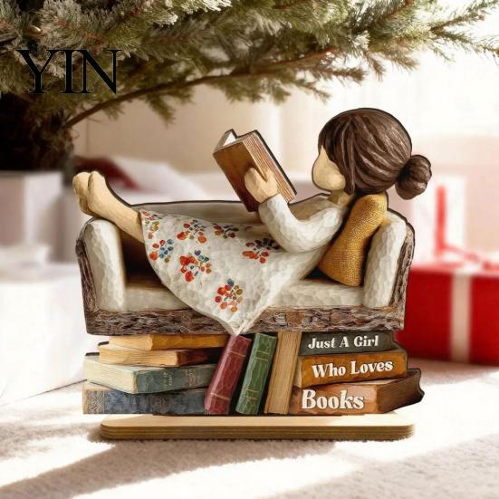 Bookish Home Office Decoration Woman Reading Book Wooden Plaque, Just A Girl/Boys Who Loves Statue for Exquisite Three Dimensional Wood Decor