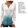 Ladies Summer Shirt V-neck Floral Print Button Lace Stitching Long Sleeve Daily Wear Hollow Out See-through Spring Summer T-shirt Women Clothing