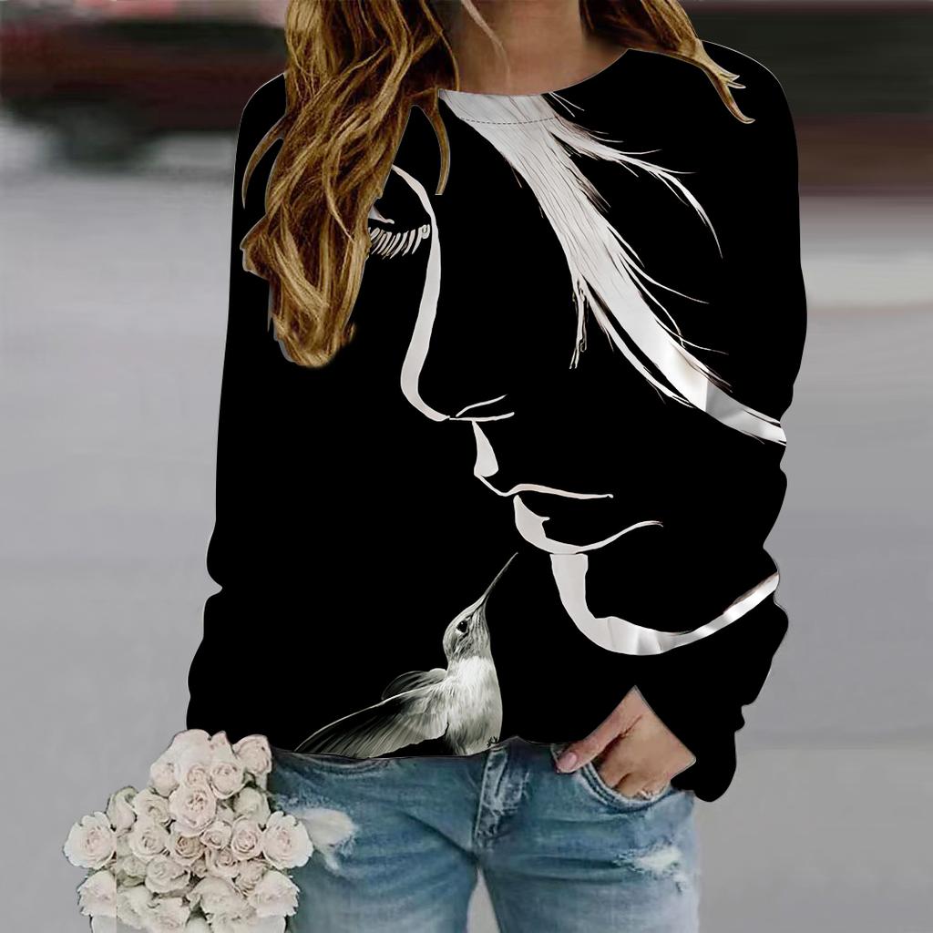 Fall Autumn Women'S Fashion O Neck Long Sleeve T-Shirt Loose Clothes Face Recognition Print T Shirt