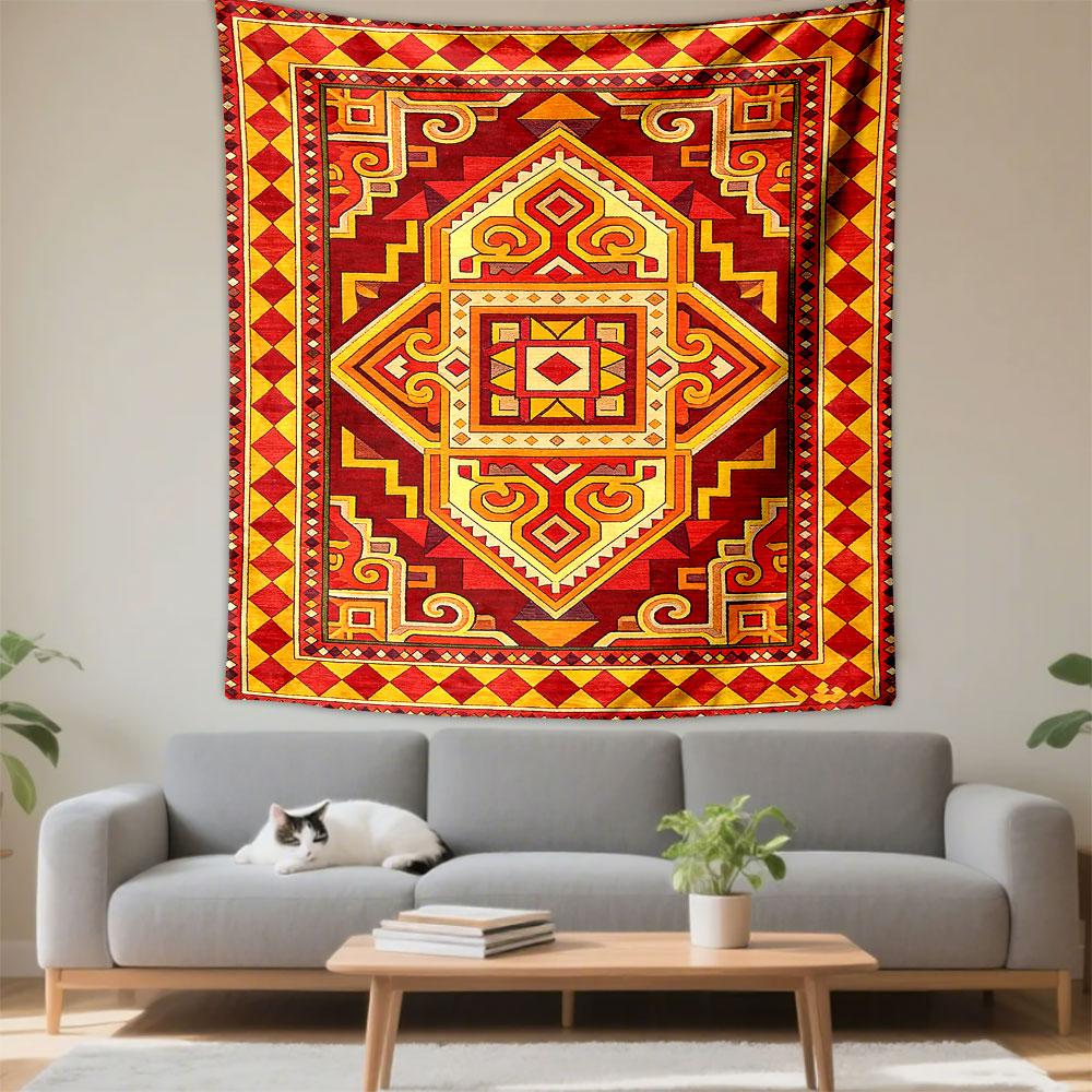 Red Orange Tribal Kilim Rug Geometric Medallion Wall Tapestry Vintage Ethnic Persian Pattern Decor for Living Room Bedroom Dorm