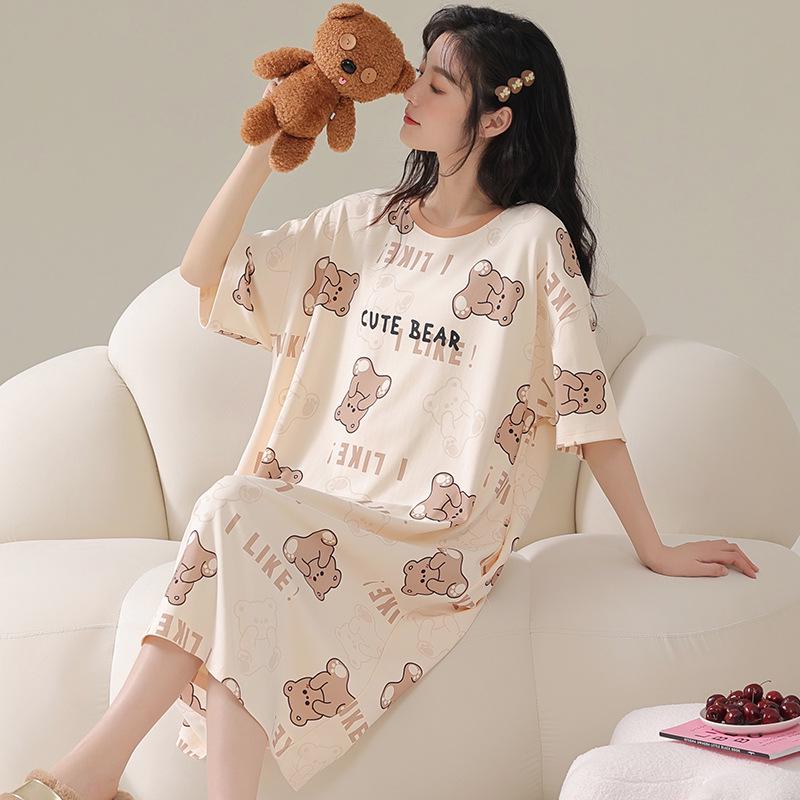 2024 Women's Cute Cartoon Summer Short-Sleeve Nightdress, Thin Large Size, Indoor/Outdoor Wear