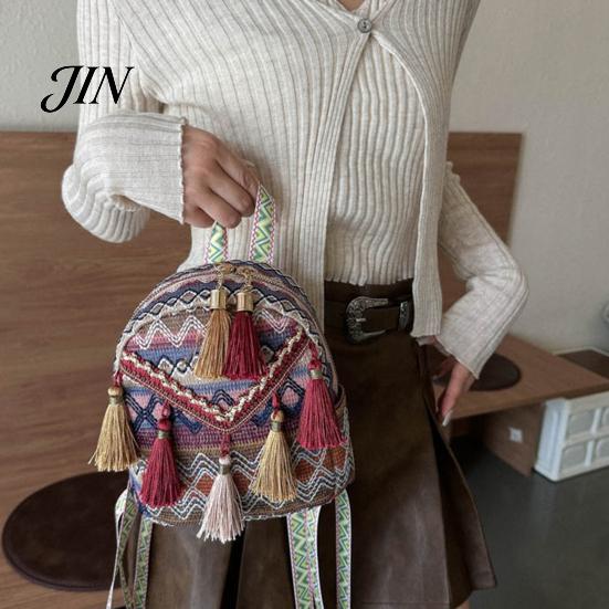 Shoulder Pressure Relief Bag Ethnic Jacquard Backpack, Colorful Small Backpack with Tassels, Geometric Tassel Decoration Straps, Boho Crossbody Purse