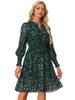 Allegra K Women's Star Dress, V-Neck Chiffon Glitter Star Print Metallic Button-Up Smock Dress, Dark Green Floral Print, Size M