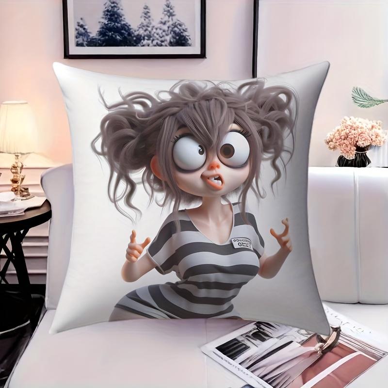 1pc Playful Prisoner Girl Pillow Cover - Vibrant Cartoon Print with "" Tag, 45.72x45.72cm, Machine Washable Polyester, Ideal for Home & Car Decor, Per