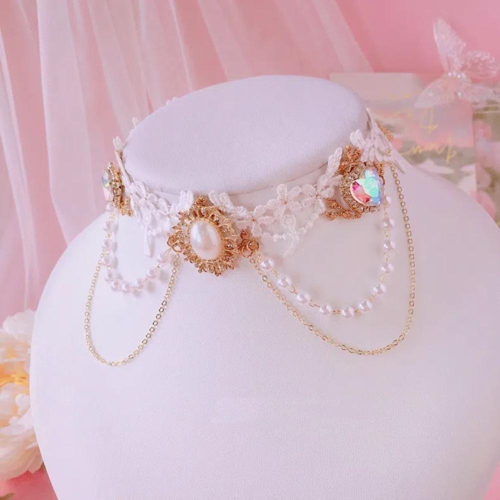 Exquisite Lace Pearl Choker Shiny Lolita Choker Necklace Fashion Rhinestone Tassel Necklace Women