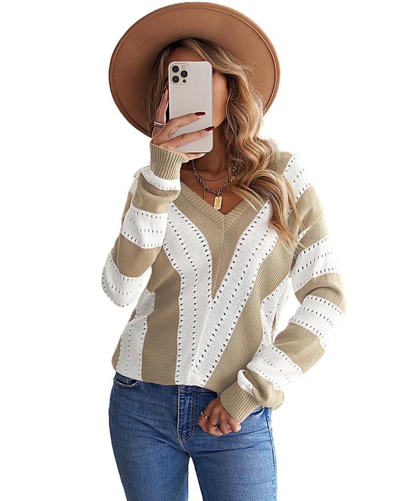 Azura Exchange Полосатый вязаный свитер с V-образным вырезом Color Block