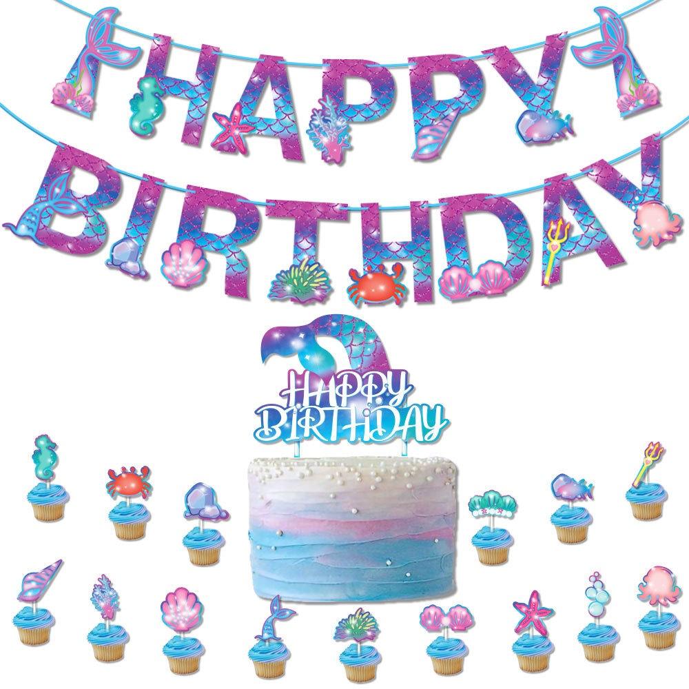 Ocean Theme Party Supplies Mermaid Birthday Celebration Banner And Cake Decorations