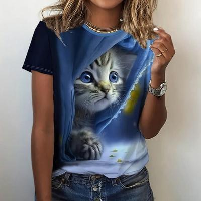 Футболка с 3D-принтом «Кот из мультфильма», женская, с круглым вырезом и коротким рукавом, летние повседневные топы для активного отдыха, женская одежда больших размеров с изображением животных