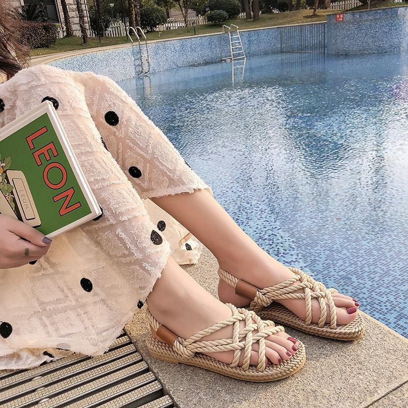 Сандалии женские с плоской подошвой из пеньковой веревки с перекрестными ремешками женские туфли с открытым носком повседневные пляжные сандалии
