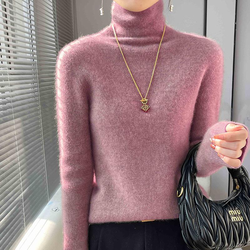 Стильный эластичный свитер с высоким воротником женский осенне-зимний с длинным рукавом вязаный трикотаж женский однотонный теплый пуловер с высоким воротом