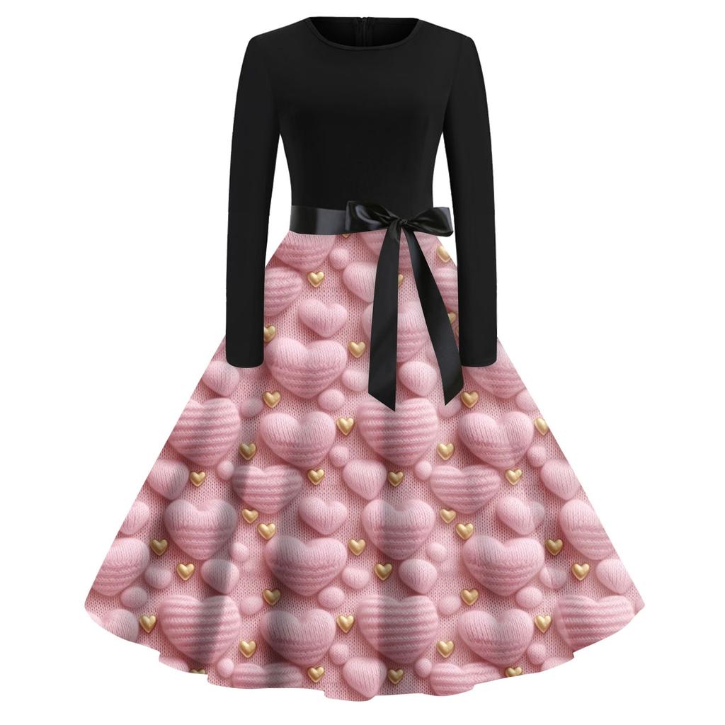 Women's Fashion Round Neck Casual Slim Valentine's Day Printed Long Sleeve Dresses