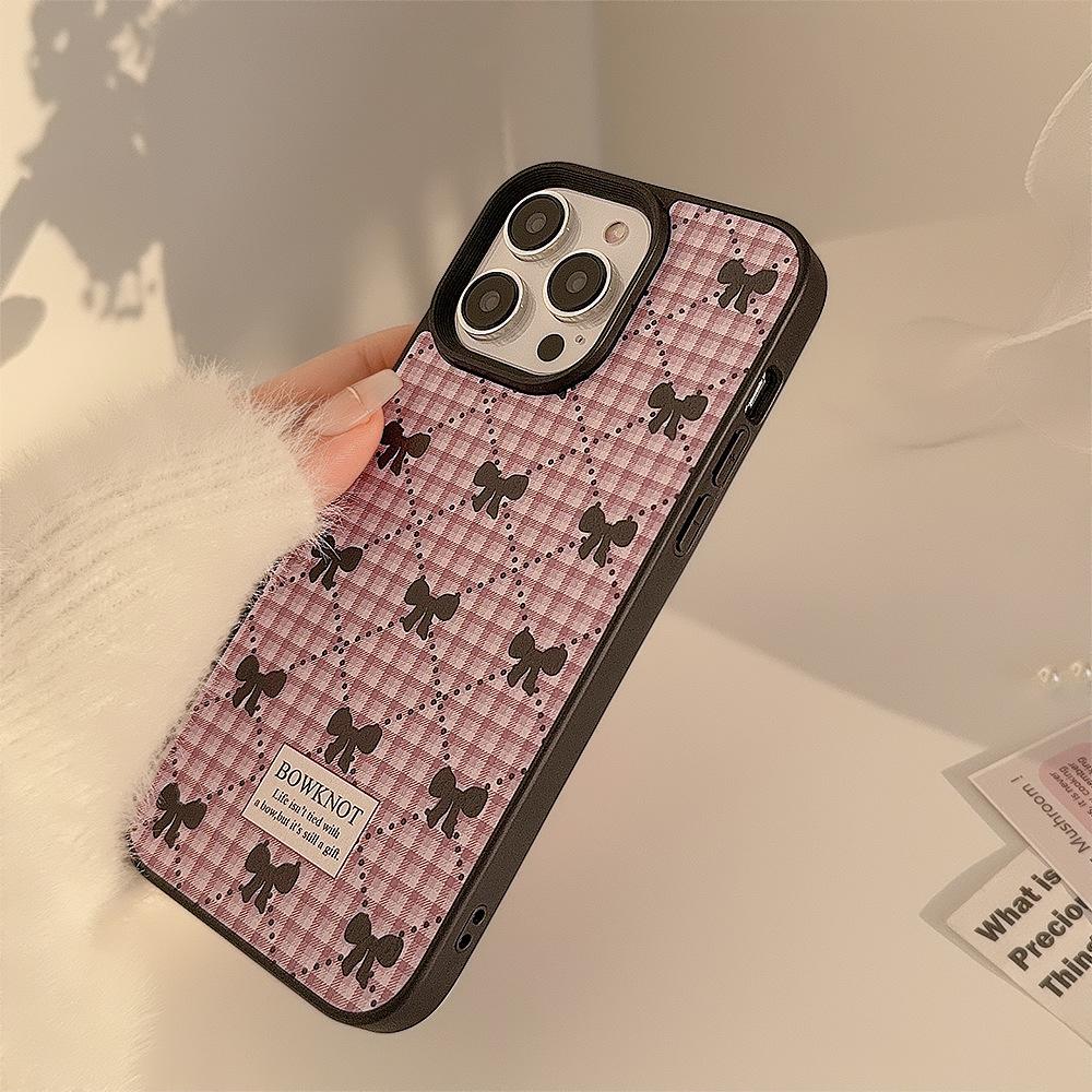 Korean-style bowknot plaid phone case for iPhone 16, 17 Pro Max, sweet 11, suitable for iPhone 15, leather 13, winter