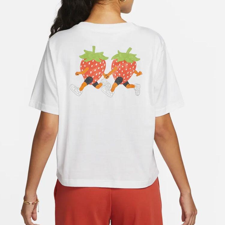 Nike Футболка с логотипом в виде мультяшной клубники, удобная, дышащая, модная, с круглым вырезом, универсальная, с коротким рукавом, женская, белая DR9017-100