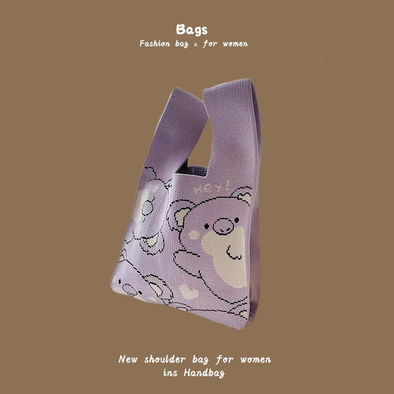 Ins Trendy Handbag Женская вязаная шерстяная сумка-ведро Ручная переноска Повседневная сумка-тоут Коробка для ланча