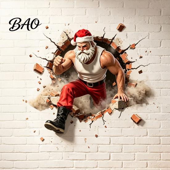 Christmas Wall Decals Muscle Santa Claus Break Through Decal, 3D Cracked Brick Seasonal Window Decorations Self?Adhesive Sticker, Funny Mural