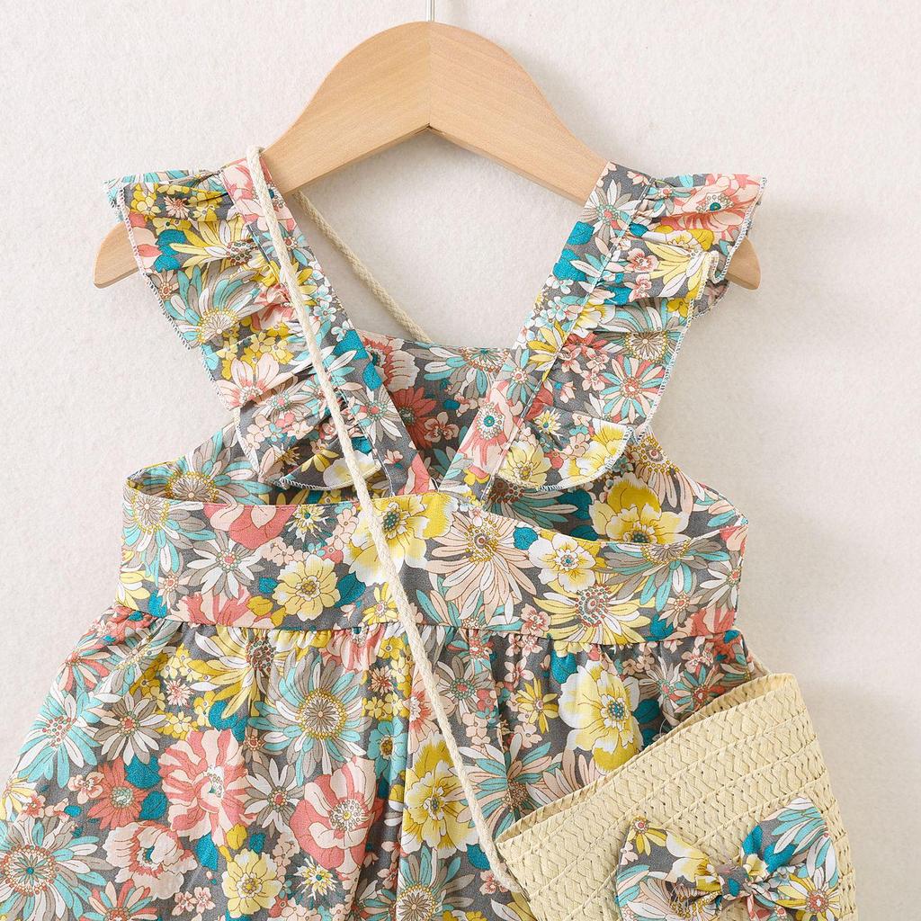 Summer Baby Girl Flutter Sleeve Dress with Bag - Princess Toddler Outfit, All-Over Print.