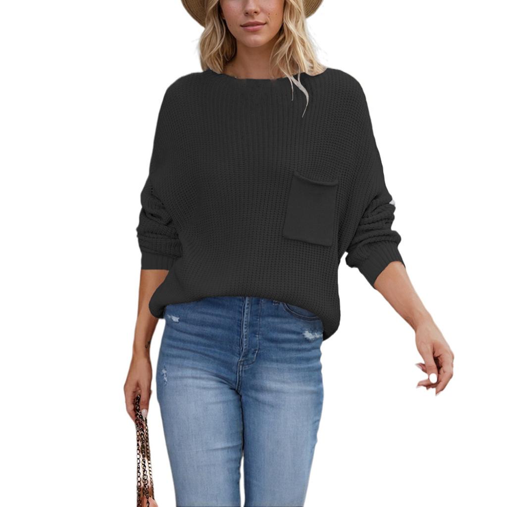 Женский повседневный модный удобный свитер с круглым вырезом, однотонный, с карманами, длинный рукав, уличный тренд, вязаный свитер