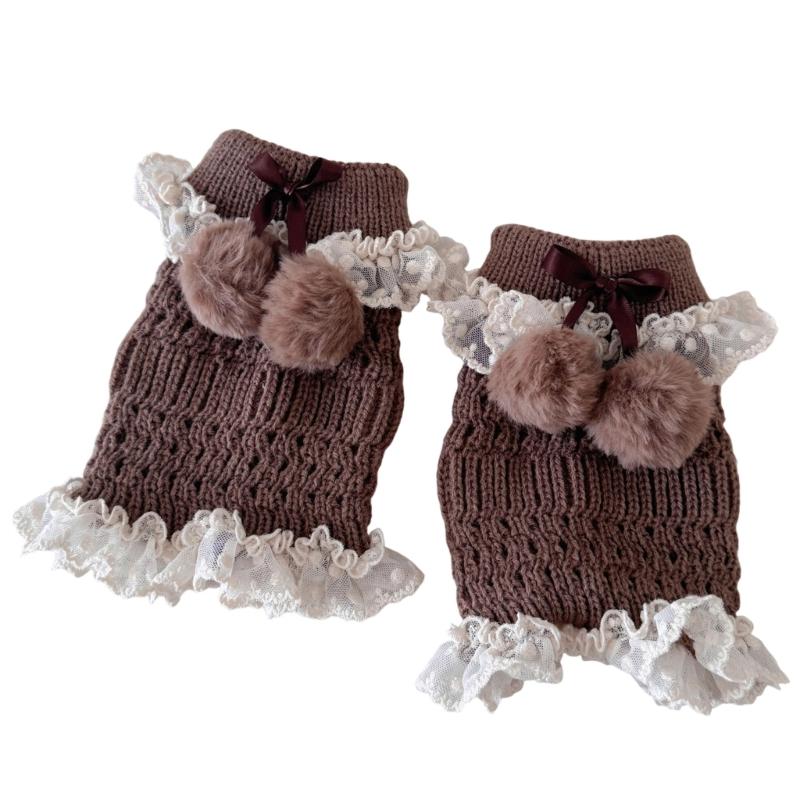 Fashionable Plush Balls Bows Adorned Leg Warmers with Lace Detail for Women's Hollowout Knitted Short Leg Covers Sleeves