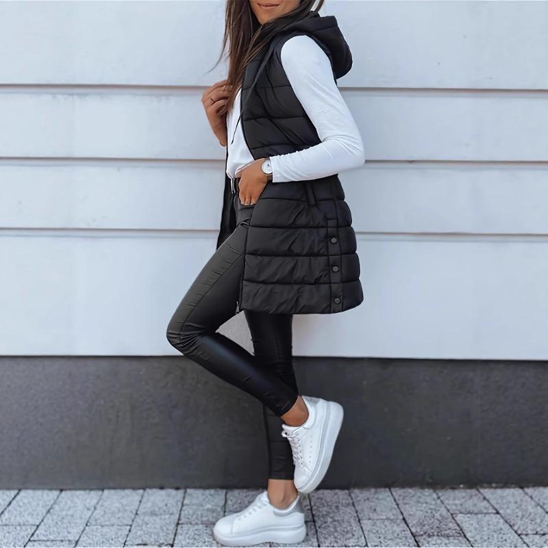 New Women's Coat Solid Color Medium and Long Vest Hooded Slim Sleeveless Coat Women