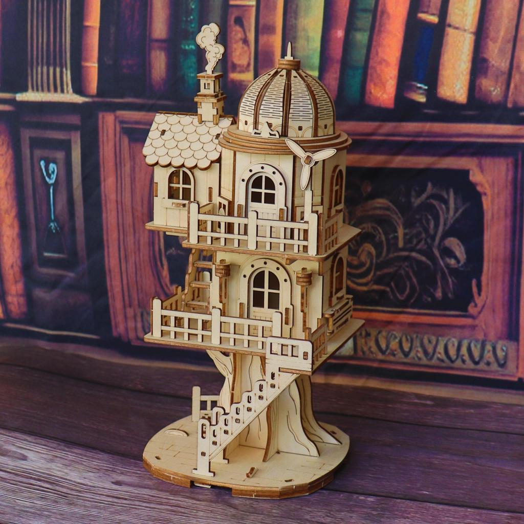 3D деревянная модель-пазл домика на дереве, деревянная лесная хижина-вилла, многоэтажный купольный building assembly model, ручной DIY creativ