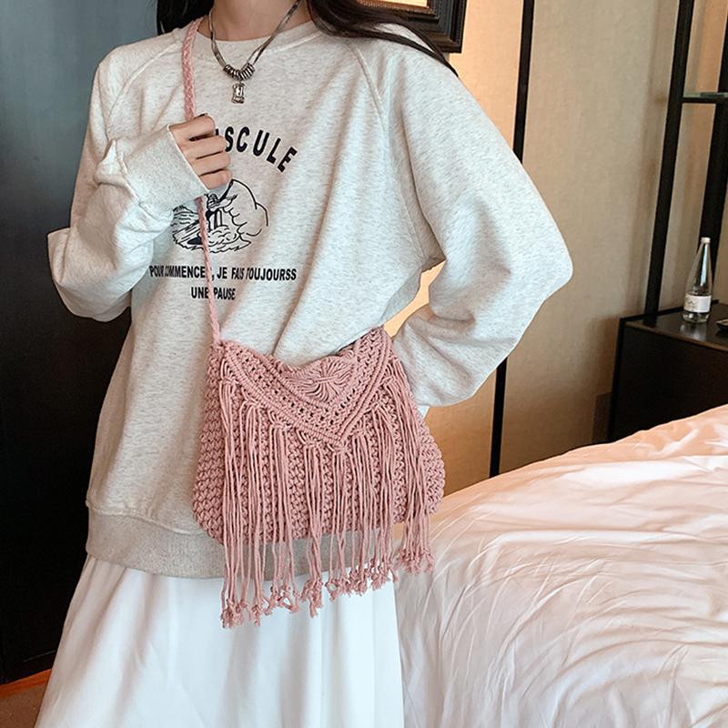 Fashion Casual Cotton Bag Hollow Tassel Beach Bag Flap Hand Woven Bag Cotton Rope Shoulder Crossbody Bag For Women