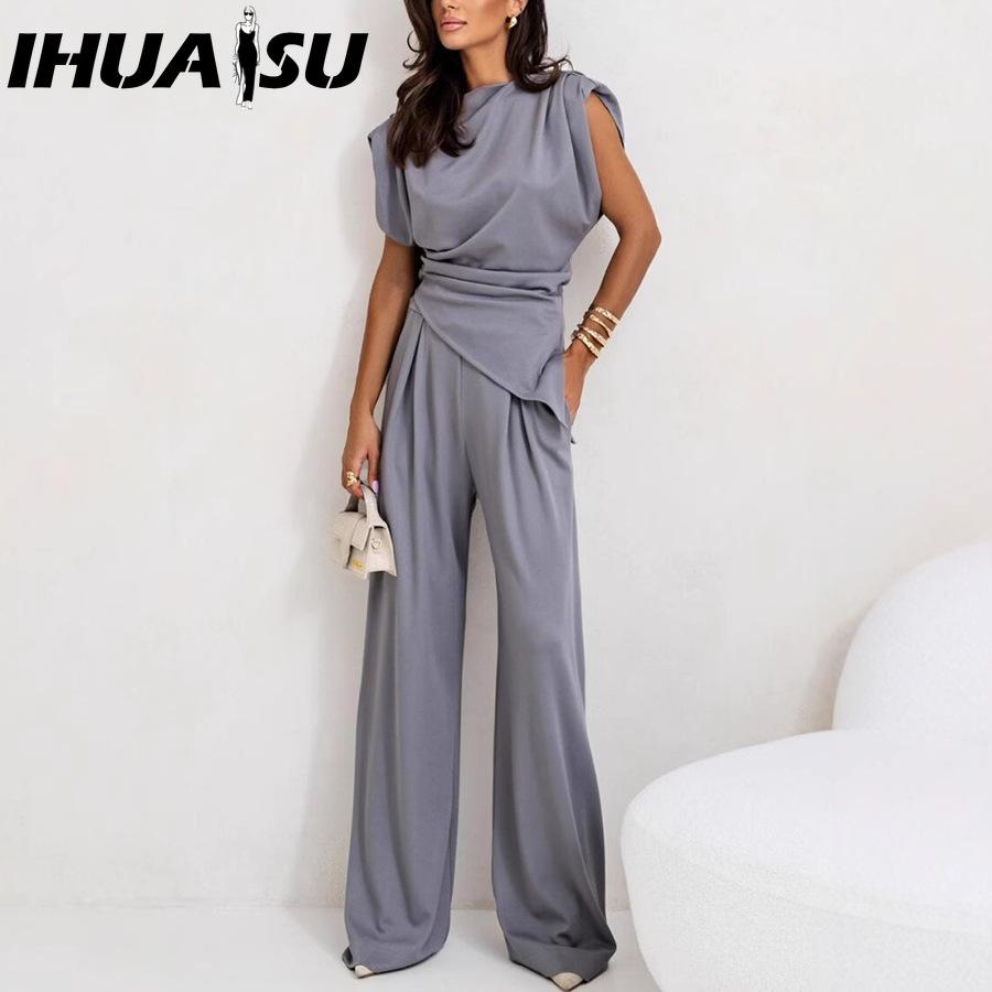 IHUASU Summer Top Pants Fashion Solid Color Irregular Suit Women