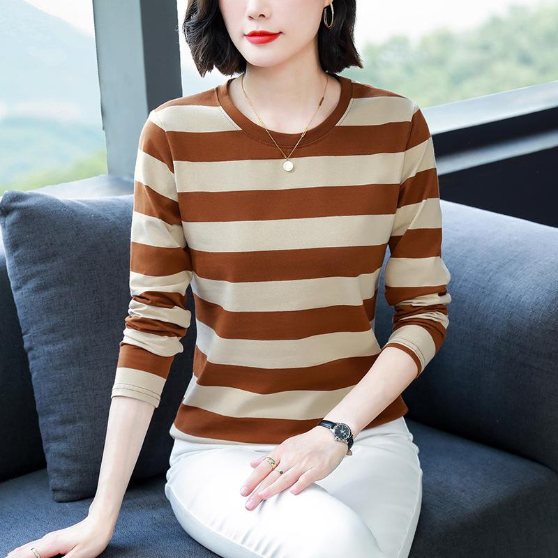 Осенняя одежда для мам среднего возраста, свободная хлопковая футболка с длинным рукавом больших размеров, женская осенняя одежда, майки с полосатыми топами