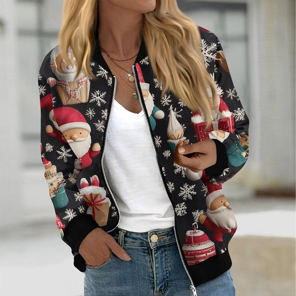 Куртки женские с длинным рукавом, легкие, на молнии, укороченные, модные, с рождественским принтом, верхняя одежда, повседневные, стеганые куртки с карманами