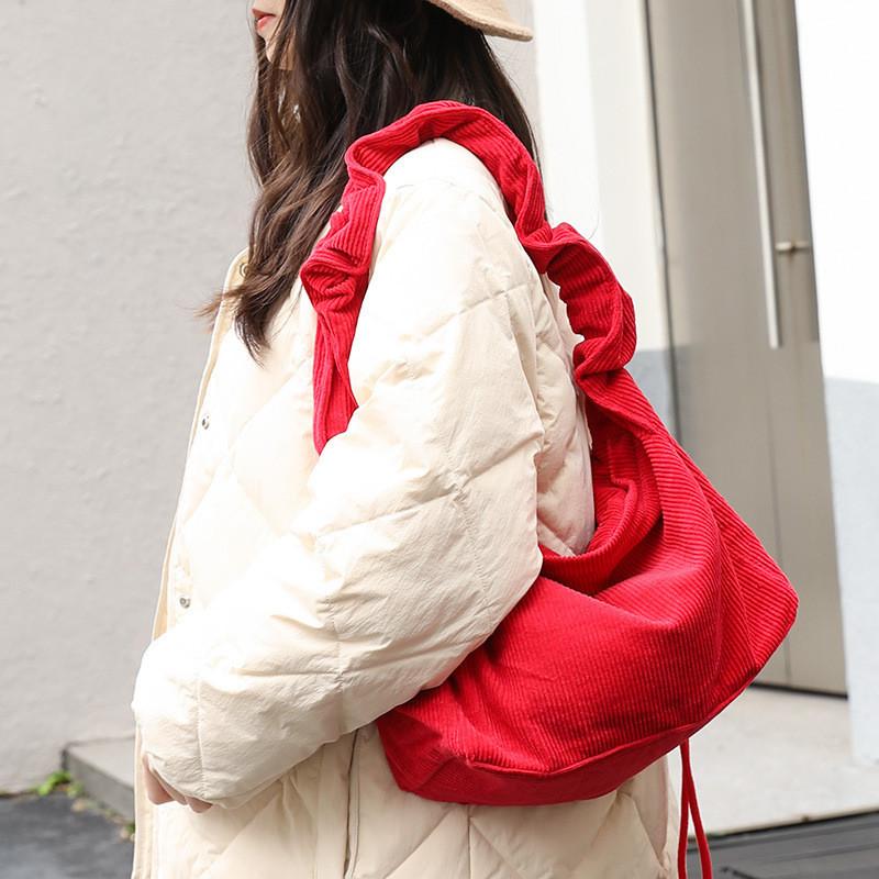 IELGY Japanese Casual Literary Canvas Bag, Retro Corduroy Shoulder Bag, Fashionable Drawstring Messenger Women's Bag