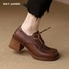 2024 Spring New Platform Shoes Women Genuine Cow Leather Round Toe Sewing Lace-Up Flats Chunky Sole Ladies Derby Shoes Handmade