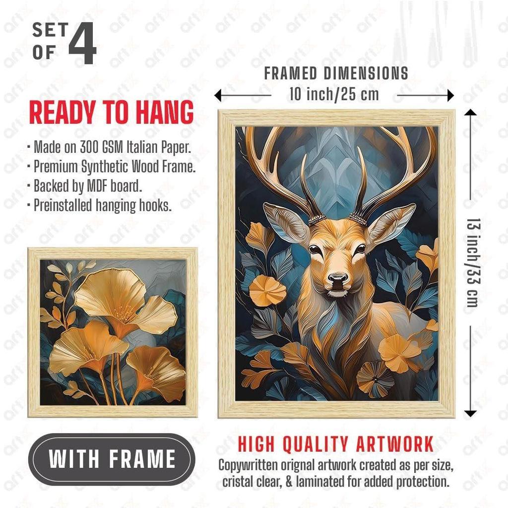 Paper Golden Deer Sunrise Scenery Flower Tree Art Paintings with Frame for Home Decor, Multicolor, Natural Wood Color Frames, Set of 4