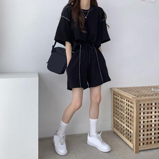 2 шт./компл. женский летний спортивный костюм с круглым вырезом и половиной рукавов, свободный топ с завязками, высокая эластичная талия, однотонный