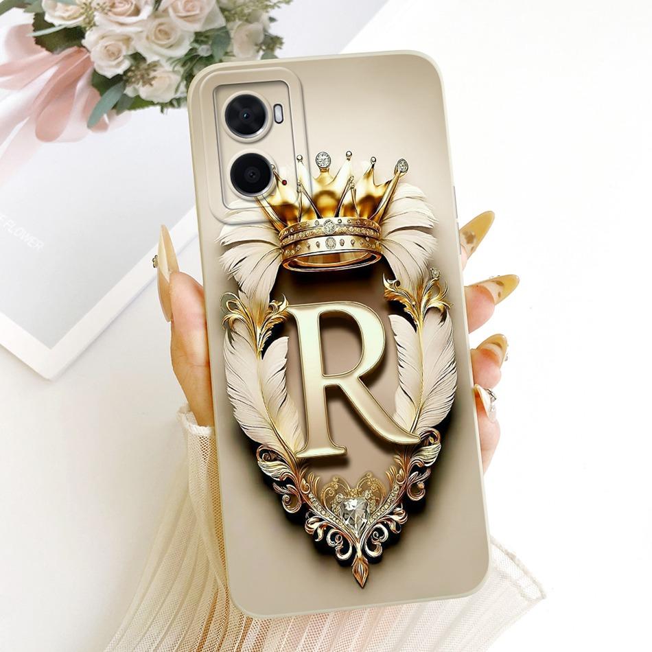 For OPPO A36 A76 A96 CPH2333 CPH2375 Feather Crown Initial Letter Phone Case For Oppo A36 A76 A96 4G Soft Silicone Cover Bumpers