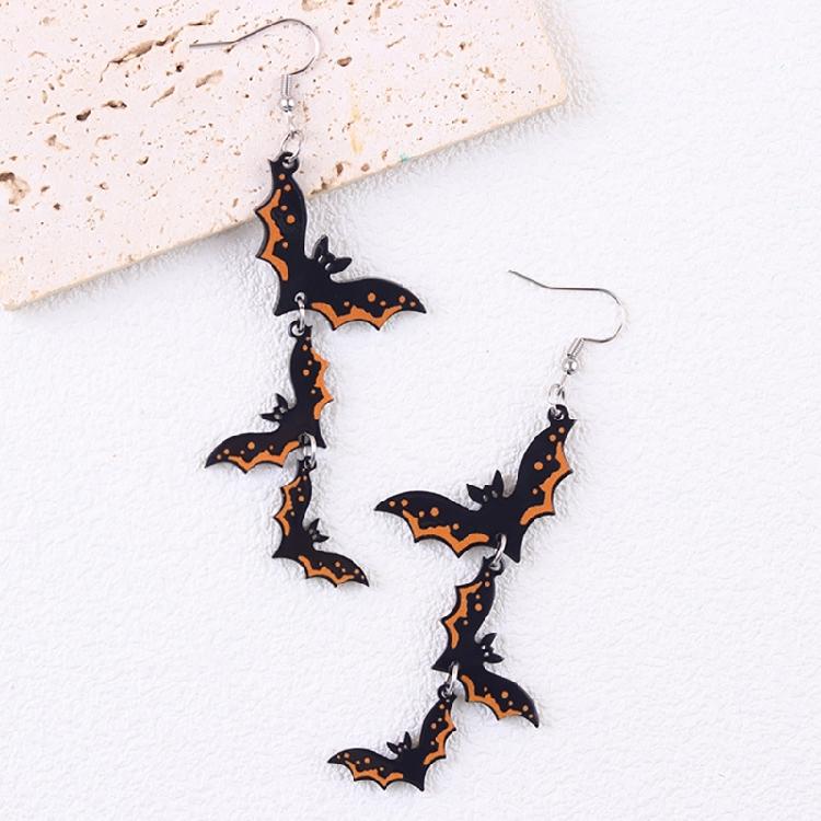 Fish Hook Bat Dangle Earrings Acrylic Pair for Spooky Season Styling, Halloween Costumes and Party Photo Looks
