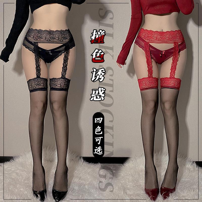 Сексуальные носки-боди с halter-топом, романтические шелковые носки, женские высокие носки, контрастная отделка, ультратонкие, с черным краем, красные, специя, черные шелковые носки