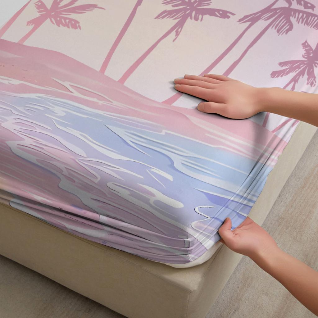Pink Fitted Sheet Set Landscape Seaside Coconut Tree 3D Print 100% Polyester Mattress Covers Soft Bedding Set With 2 Pillowcases
