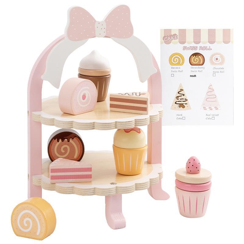 Children's Play Kitchen Set with Birthday Cake, Ice Cream, Dessert Stand, and Toy Food Models