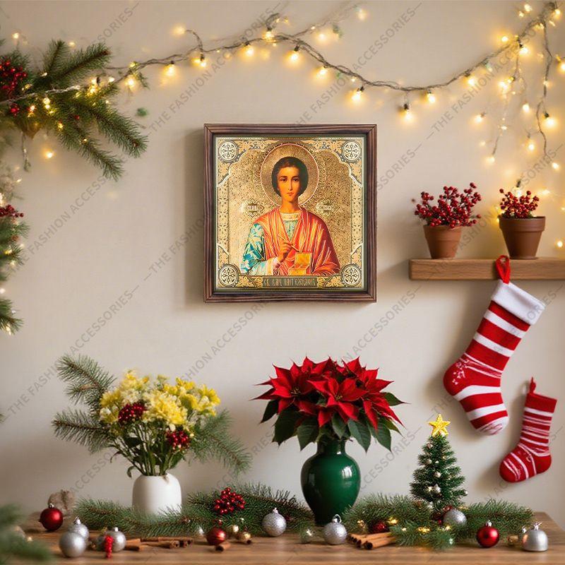 Декоративная роспись православных икон, Освященная икона "Святой Пантелеимон Целитель", Роспись фоторамки, Христианское настенное искусство, 20см*20см, Духовный подарок