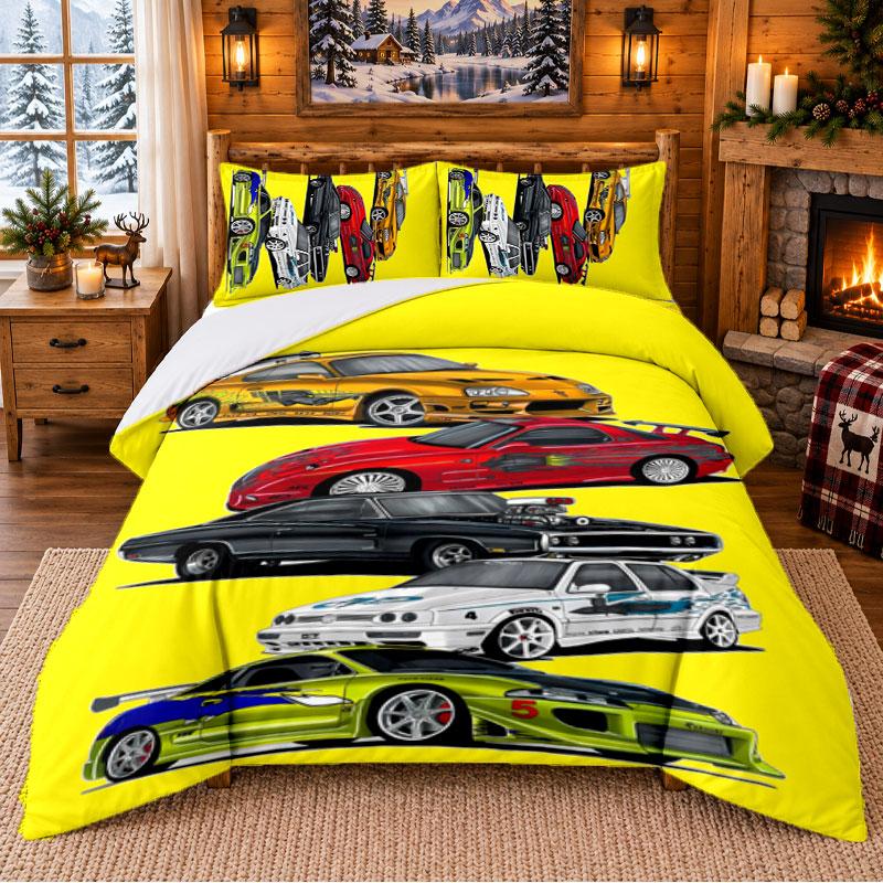 Fast And Furious Pattern Bedding 3Pcs Set Bed Sheet And Pillowcases For Indoor Bedroom