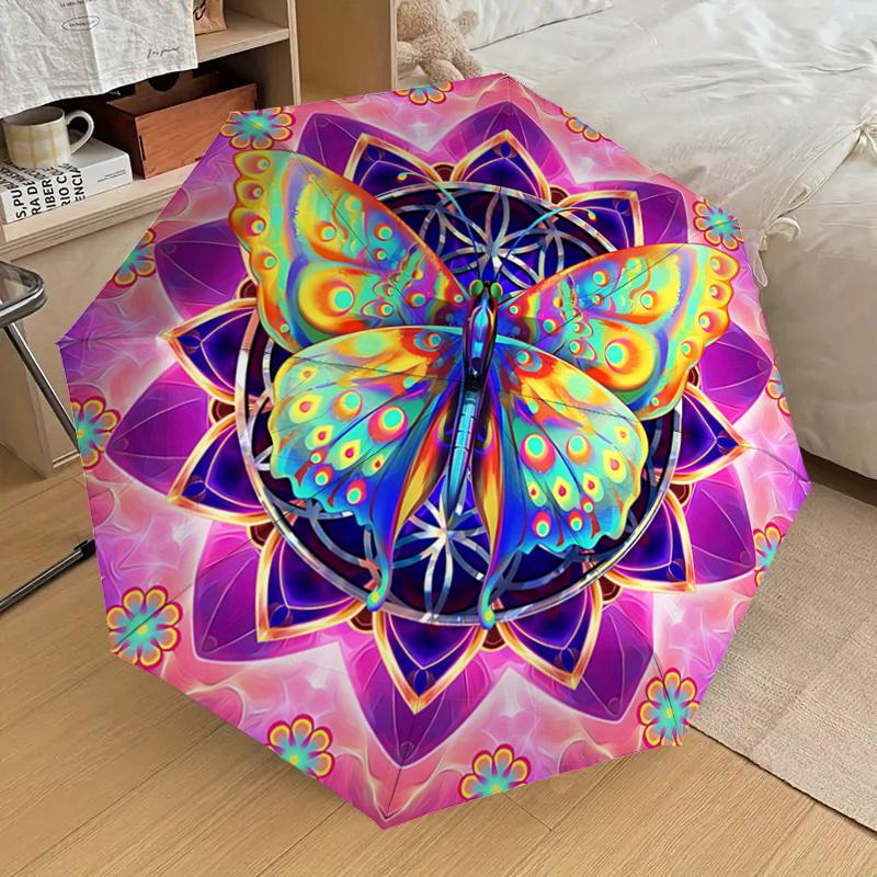 Colorful Butterfly Mandala Automatic Opening Rain Umbrella Portable Folding Design with 8 Bone Iron Frame,Outdoor Umbrella for Festivals,