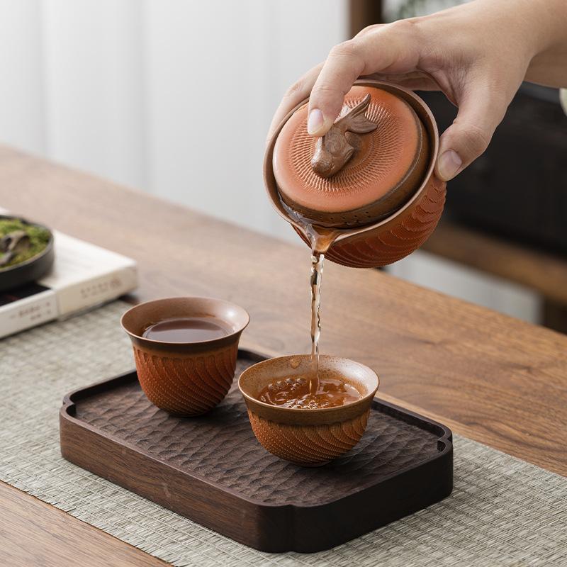 Retro Rough Pottery Tea Set 1 Teapot 2 Teacups 1bag Portable Travel Kung Fu Tea Set Ceramic and Pottery Teeware Teware Gaiwan